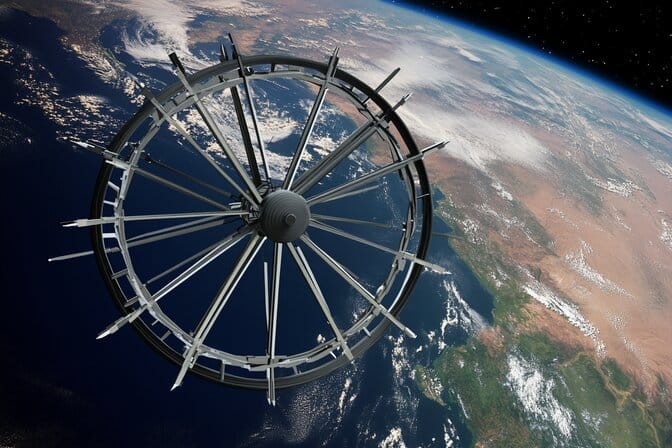 Image of a spoke shaped spaceship leaving planet Earth