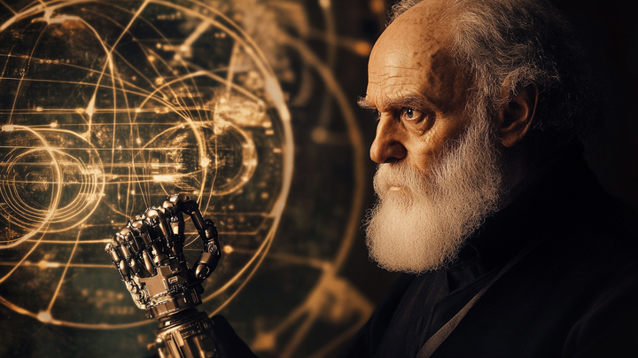 Image of philosopher with a robot arm