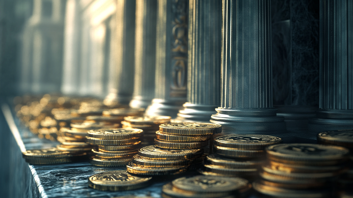 Bitcoins in front of a bank